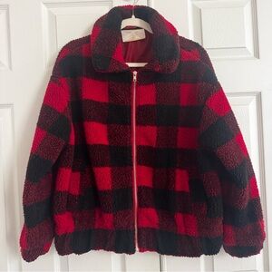 Cozy Red and Black Plaid Teddy Coat